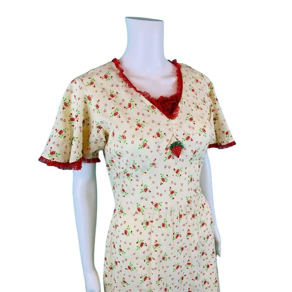 Vintage 70s Maxi Dress Women's Extra Small Red Floral Print Flutter Sleeves - Picture 5 of 10